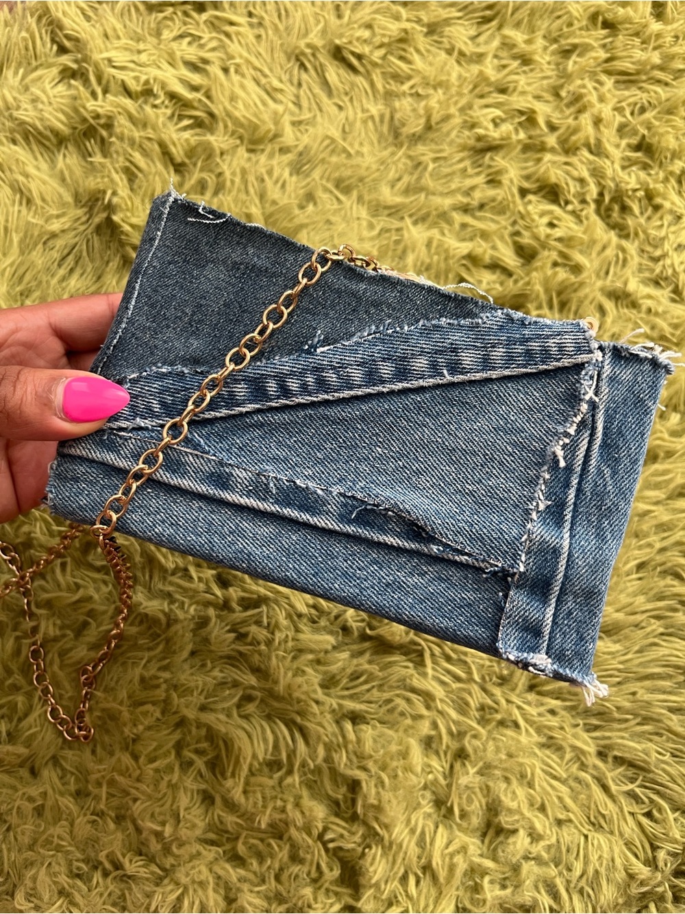 NEW Distressed Denim Clutch Bag with Gold Chain